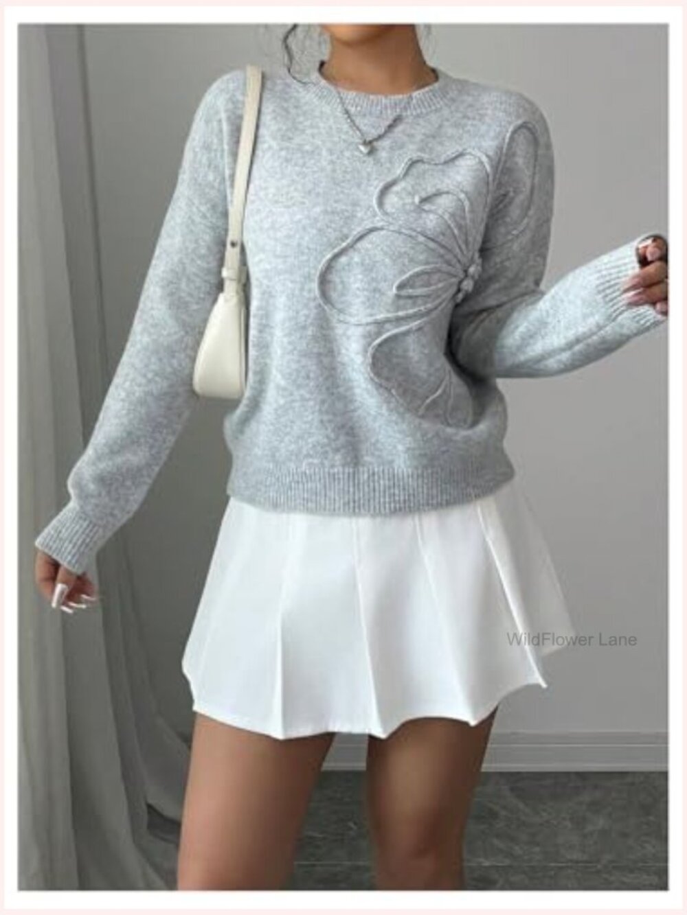 3D Floral Appliques Crewneck Sweater Long Sleeve Drop Shoulder Pullover Knit Top - Picture 4 of 5